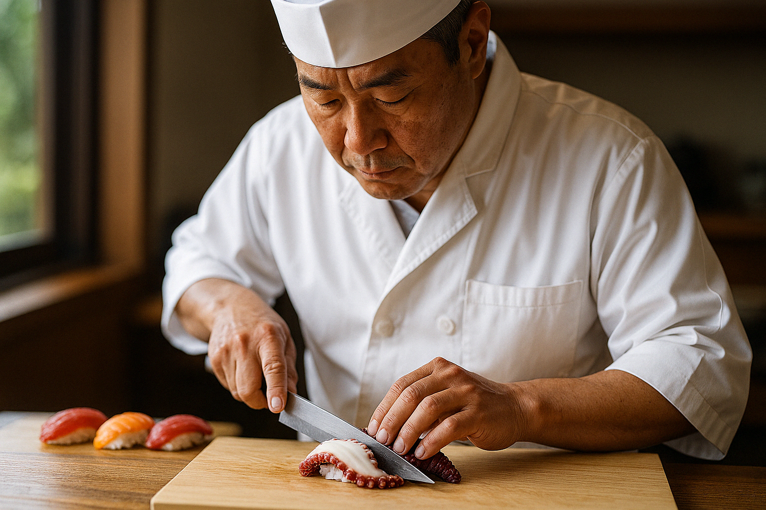 chef japonés preparando sushi en cocina tradicional iluminada por luz natural