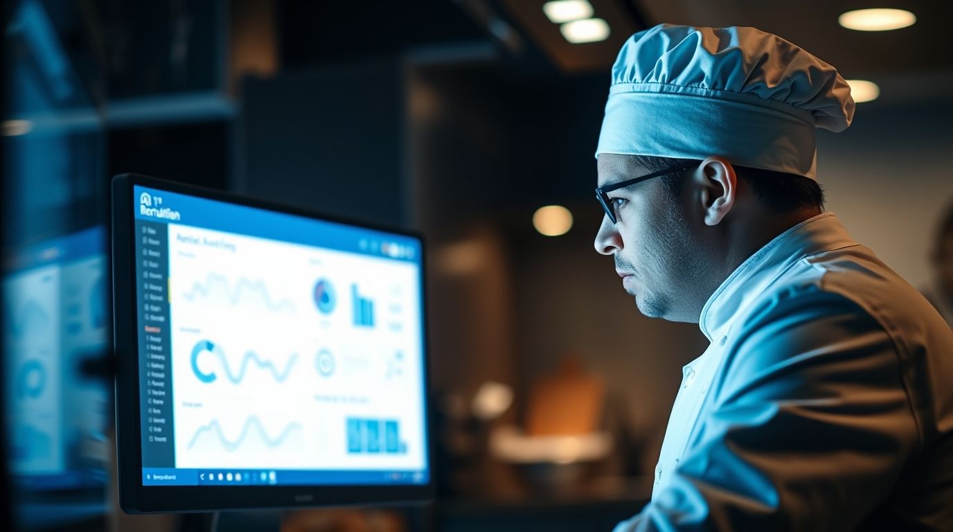 Chef utilizando inteligencia artificial en la selección de personal en una cocina moderna