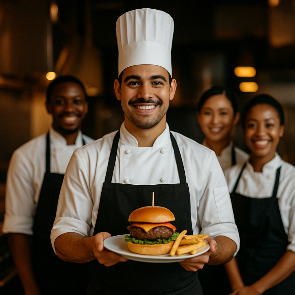 Chef profesional mostrando una hamburguesa con papas fritas junto a su equipo en una cocina americana moderna