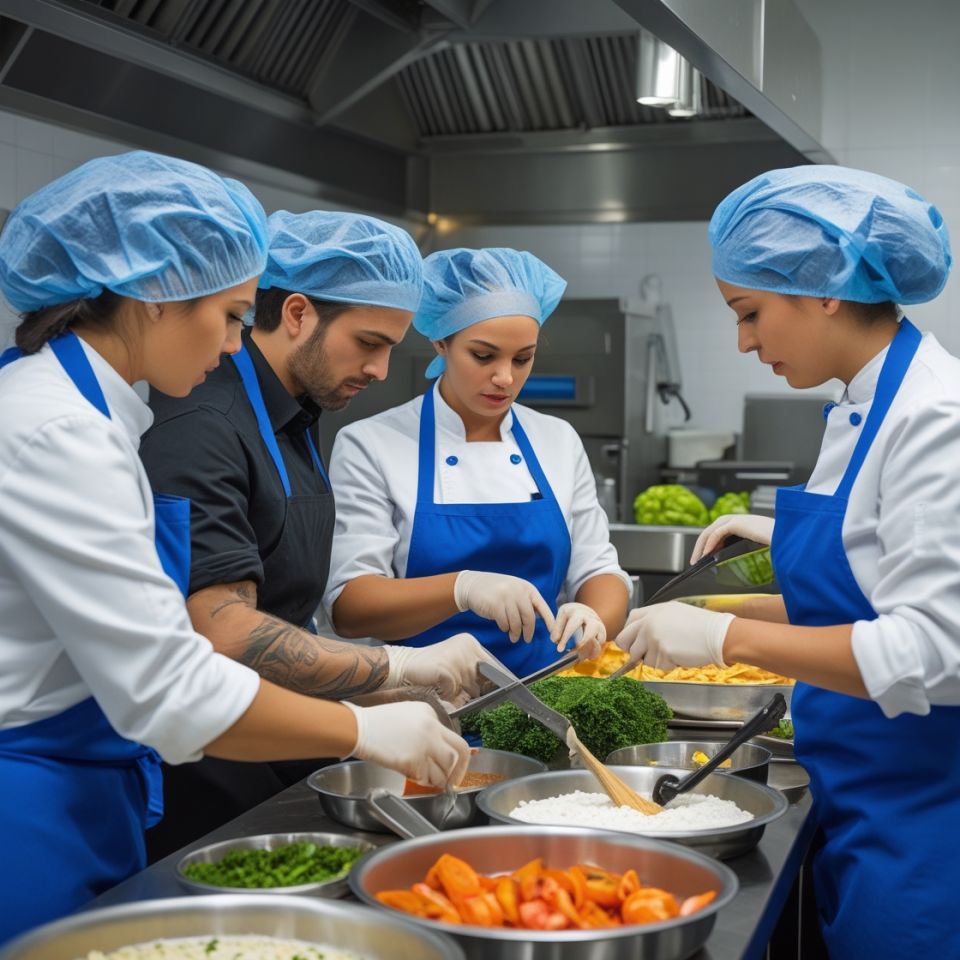 Equipo de cocina profesional en formación, usando uniformes blancos y delantales azules, preparando alimentos bajo estándares de seguridad.
