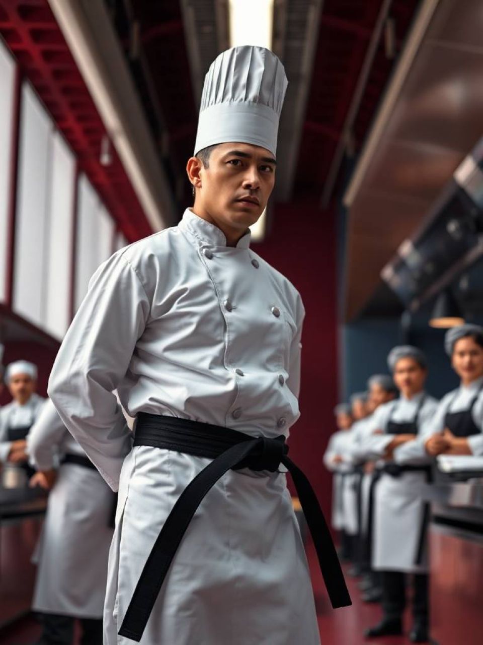 Chef profesional con uniforme de CAIBOK liderando una cocina segura y eficiente, símbolo de transformación culinaria.
