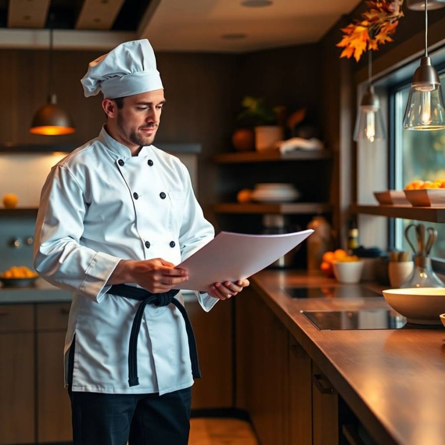 Chef con cinturón negro revisando evaluaciones en una cocina profesional, representando el cumplimiento de requisitos técnicos del programa CAIBOK.