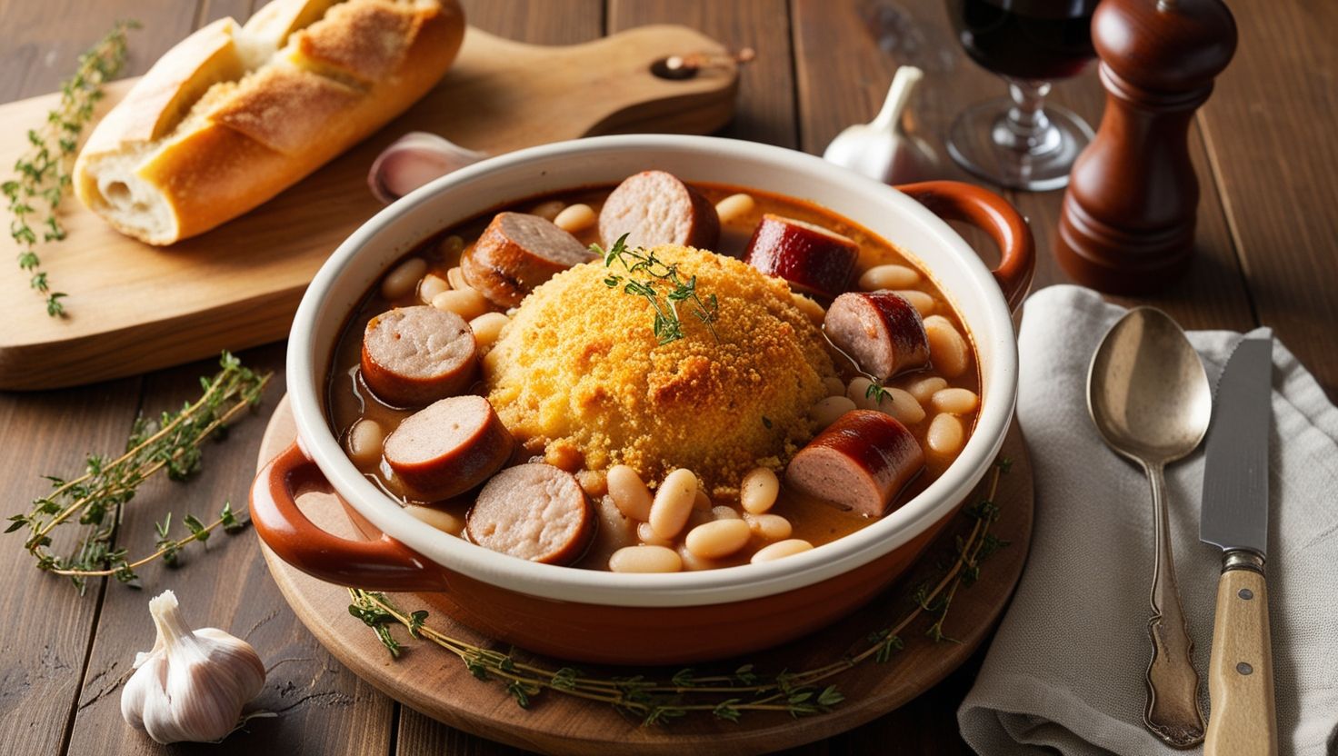 Mesa rústica con un cassoulet recién preparado en una cassole de barro, acompañado de pan, vino tinto y tomillo fresco.