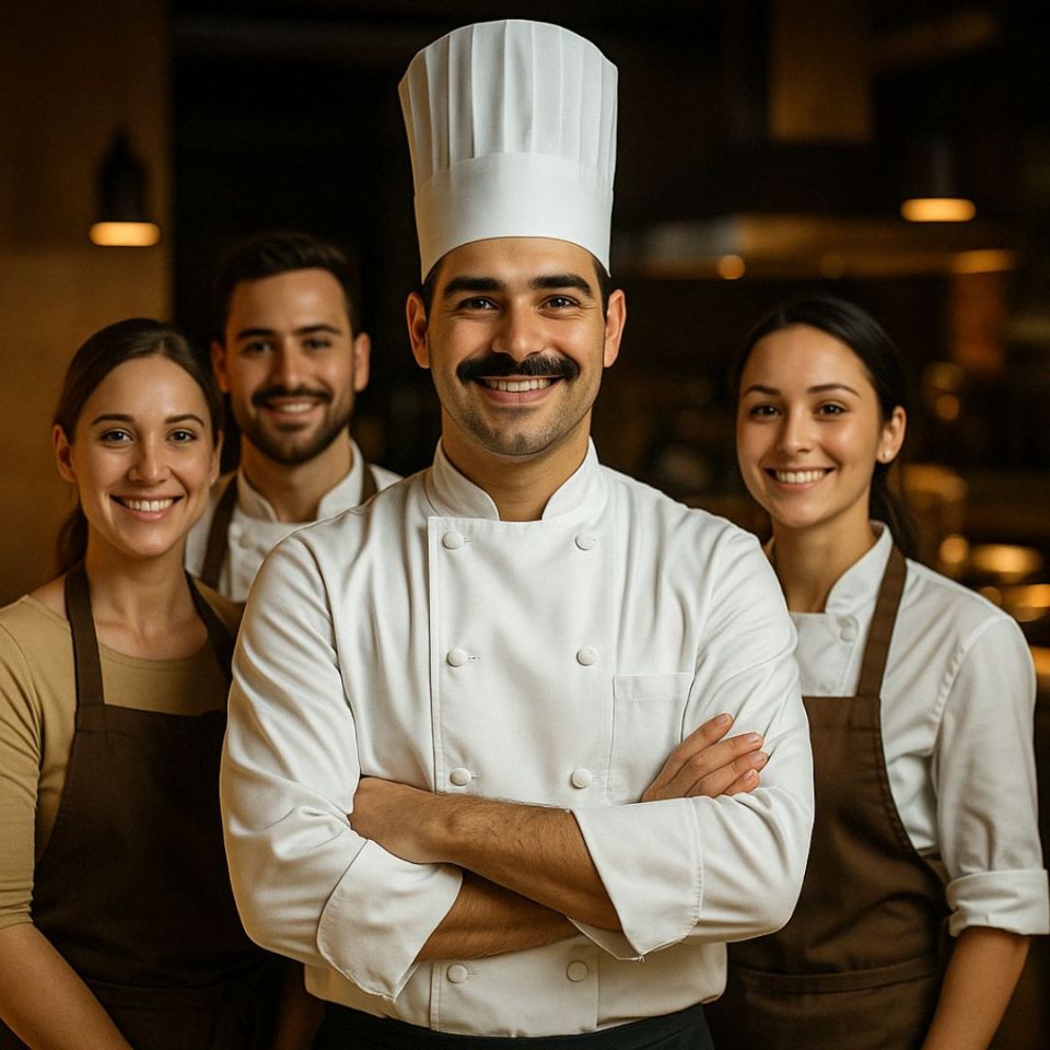 Grupo de chefs sonrientes en cocina profesional americana, liderados por un chef principal