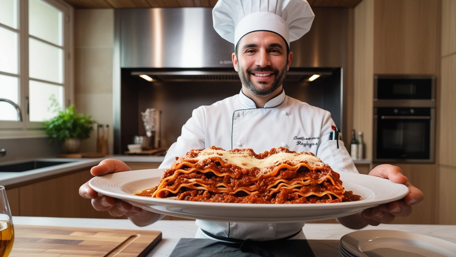 Chef profesional mostrando una Lasagna Bolognese terminada en una cocina elegante.