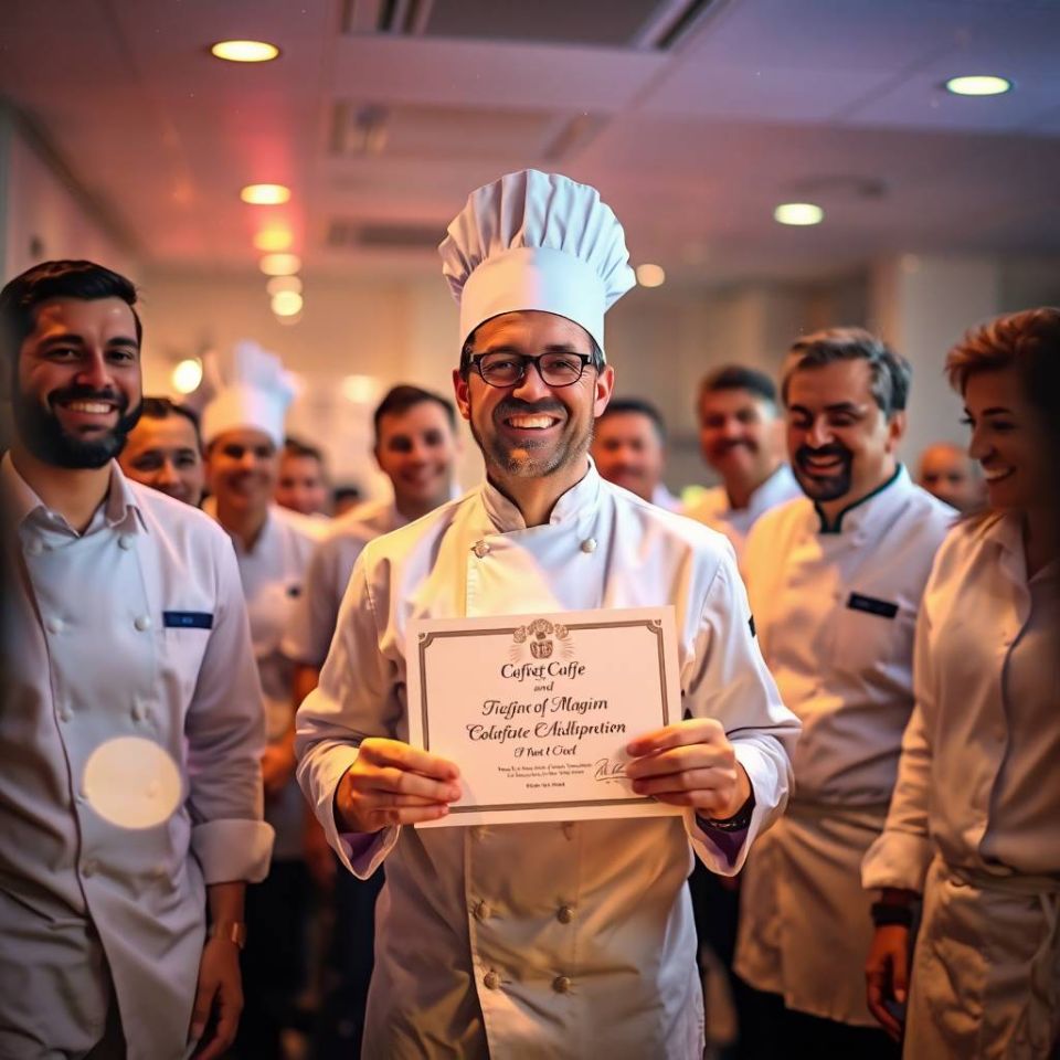 Chef sonriente mostrando su certificado profesional, rodeado de compañeros de cocina, celebrando su certificación oficial con CAIBOK.