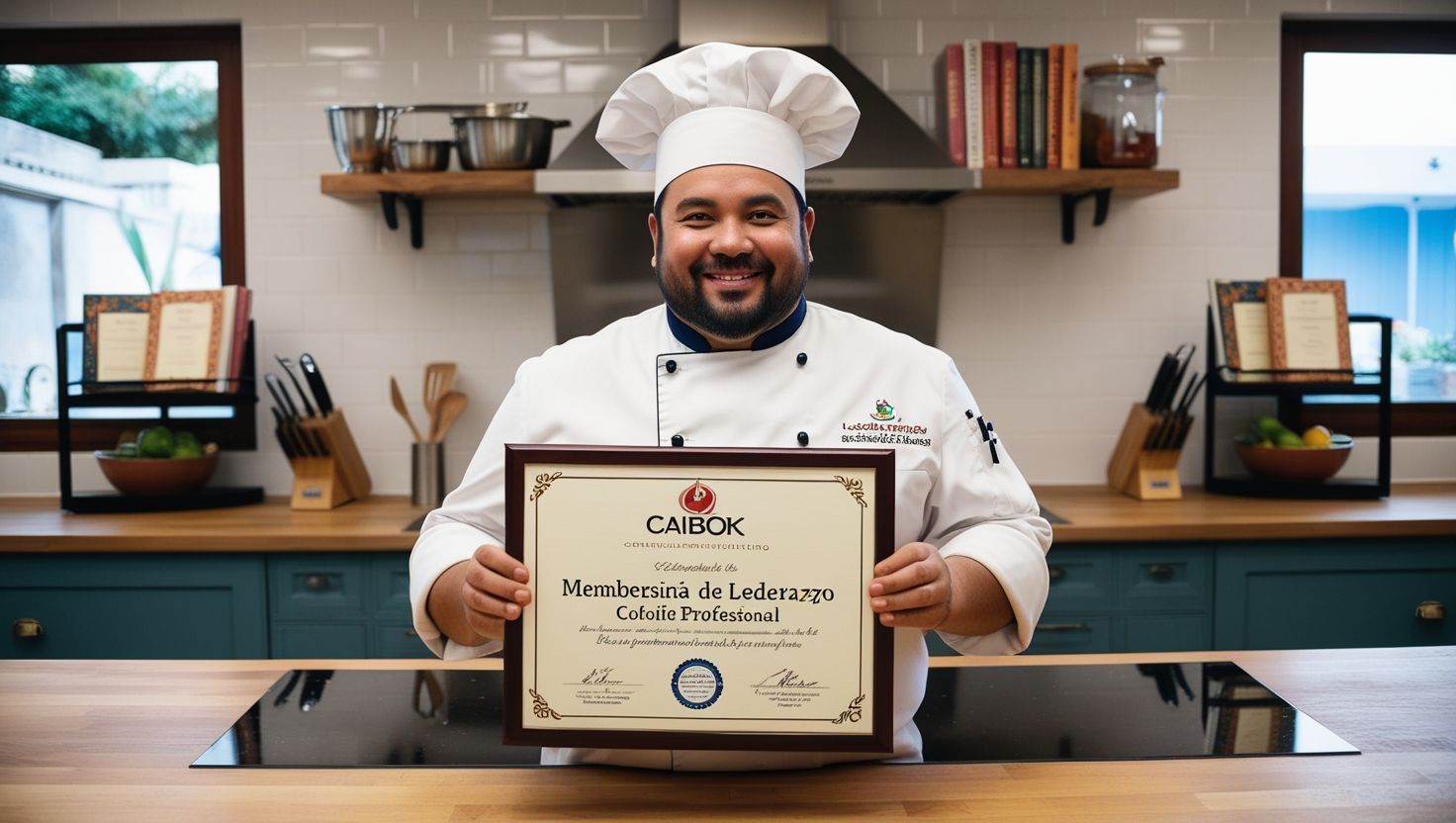Chef sosteniendo certificado de Membresía de Liderazgo CAIBOK en cocina profesional