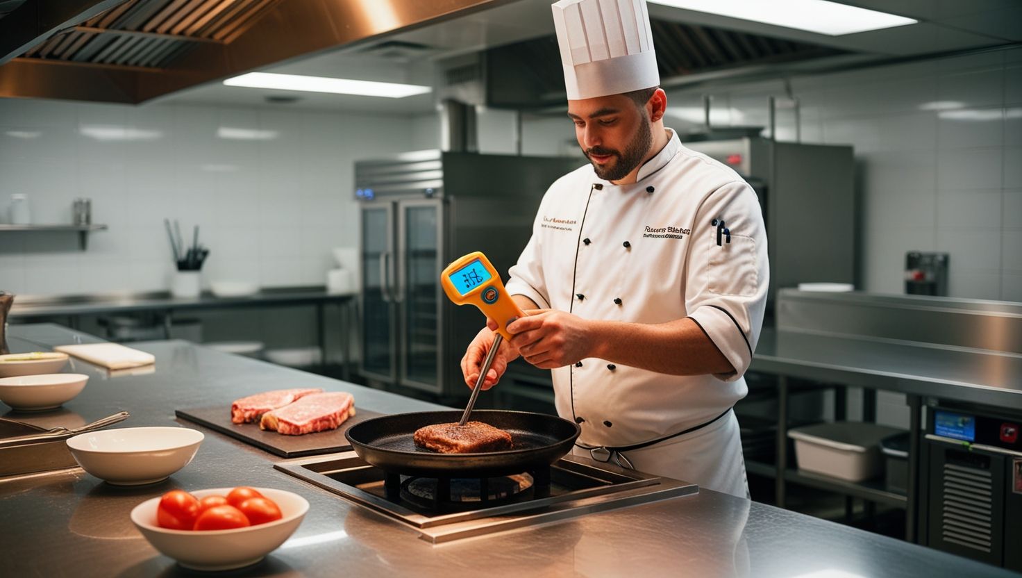 Chef profesional usando un termómetro digital para verificar la temperatura de un trozo de carne a la parrilla en una cocina moderna, asegurando la seguridad alimentaria.