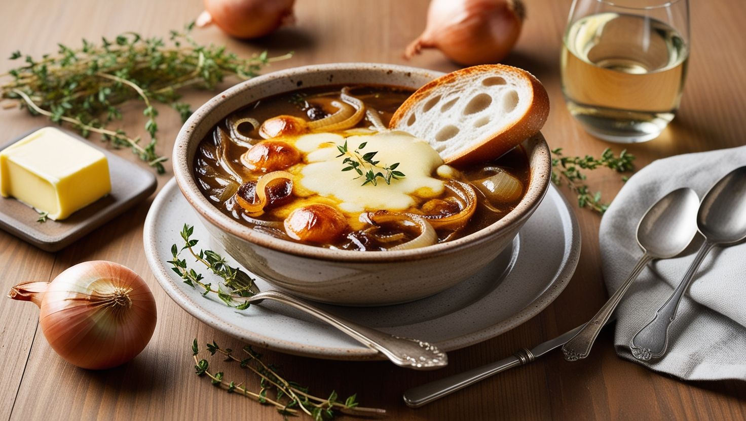 Sopa de cebolla francesa servida en un tazón, con cebollas caramelizadas, una baguette tostada y queso Gruyère gratinado, acompañada de tomillo y vino blanco.