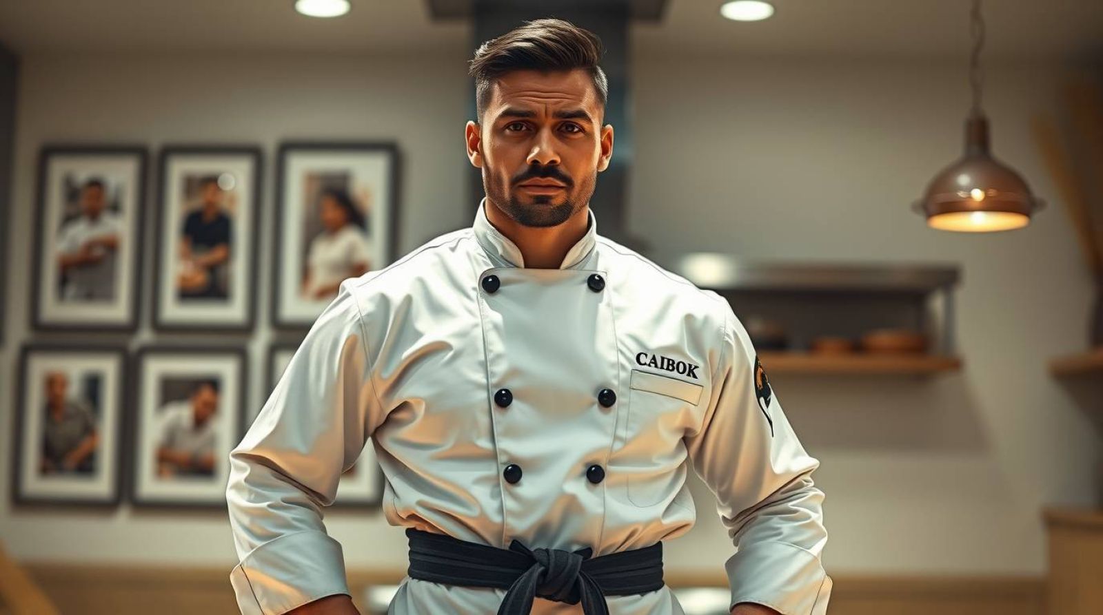 Chef profesional con uniforme blanco de lujo y cinturón negro sosteniendo un certificado CAIBOK, en cocina moderna.