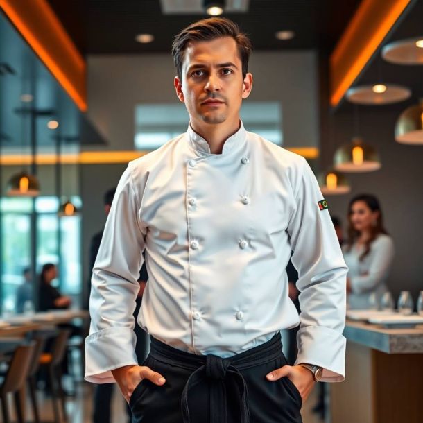 Chef con cinturón negro de pie en restaurante o cocina moderna, observado con respeto por clientes o alumnos, simbolizando prestigio y confianza.