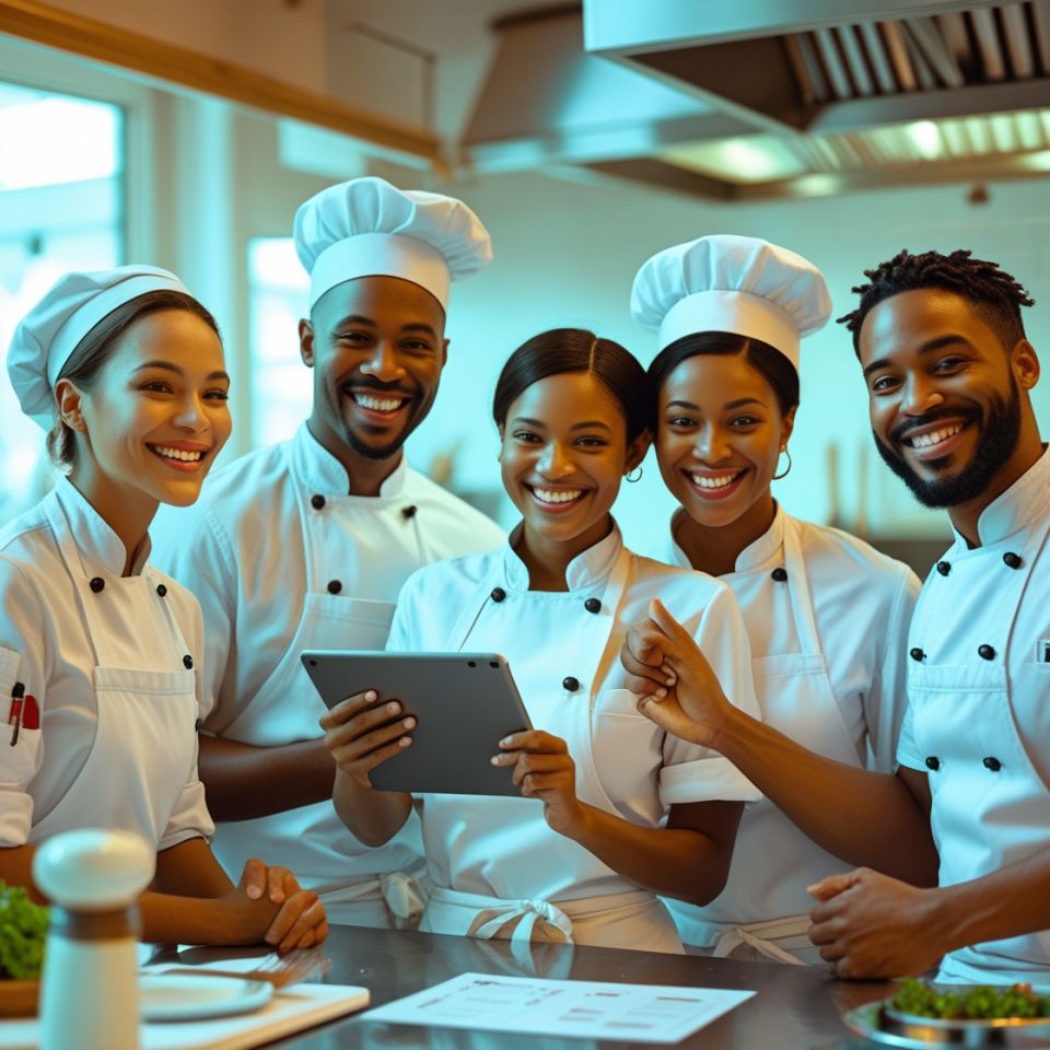 Grupo diverso de chefs profesionales sonriendo y revisando información en una tablet, en una cocina moderna.