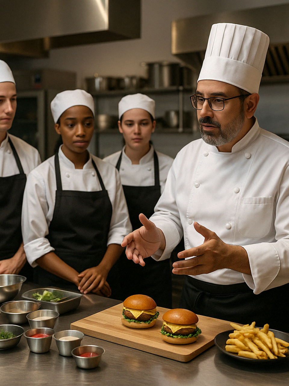 Chef senior explicando técnicas de cocina americana a su equipo en una cocina profesional