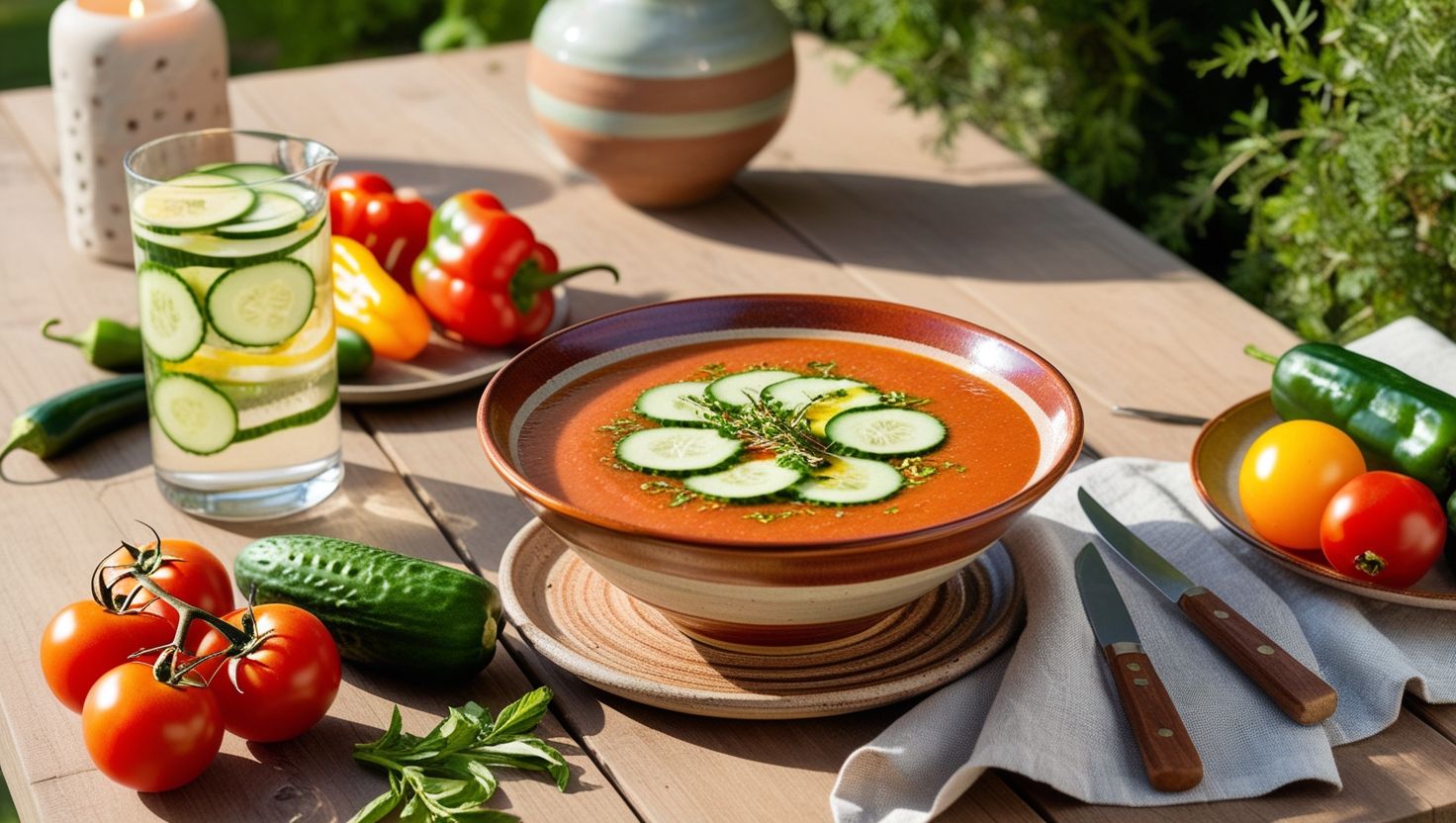 Mesa rústica al aire libre con gazpacho andaluz rodeado de ingredientes frescos y una jarra de agua con limón.