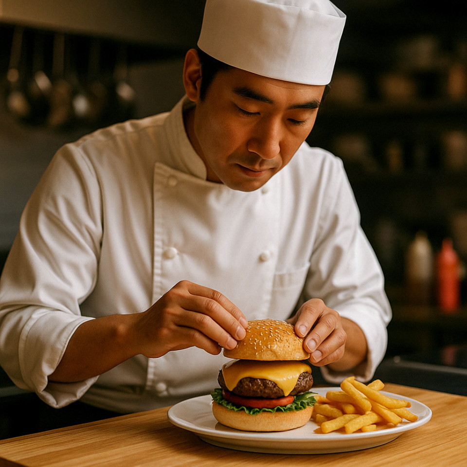 Chef ensamblando hamburguesa con papas fritas en cocina profesional iluminada