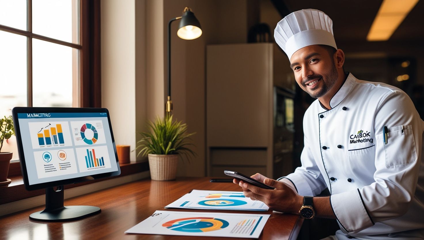 Especialista en marketing digital analizando métricas de publicidad digital para un restaurante en un escritorio con múltiples pantallas mostrando plataformas como Facebook Ads y Google Ads.