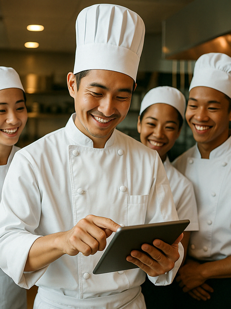 Grupo de chefs japoneses sonriendo mientras consultan una guía en una tablet dentro de una cocina moderna