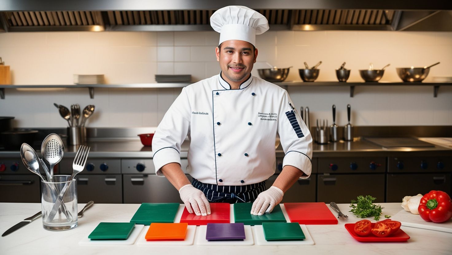 Chef en una cocina moderna organizando tablas de corte codificadas por color para prevenir la contaminación cruzada, evitando enfermedades de los alimentos.