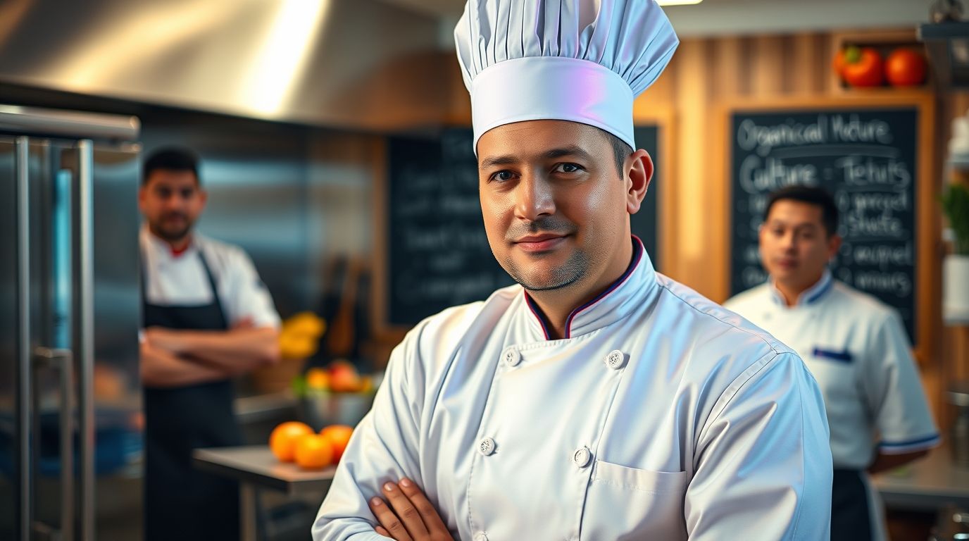 Chef liderando su equipo en la cocina, reflejando la cultura organizacional del restaurante.