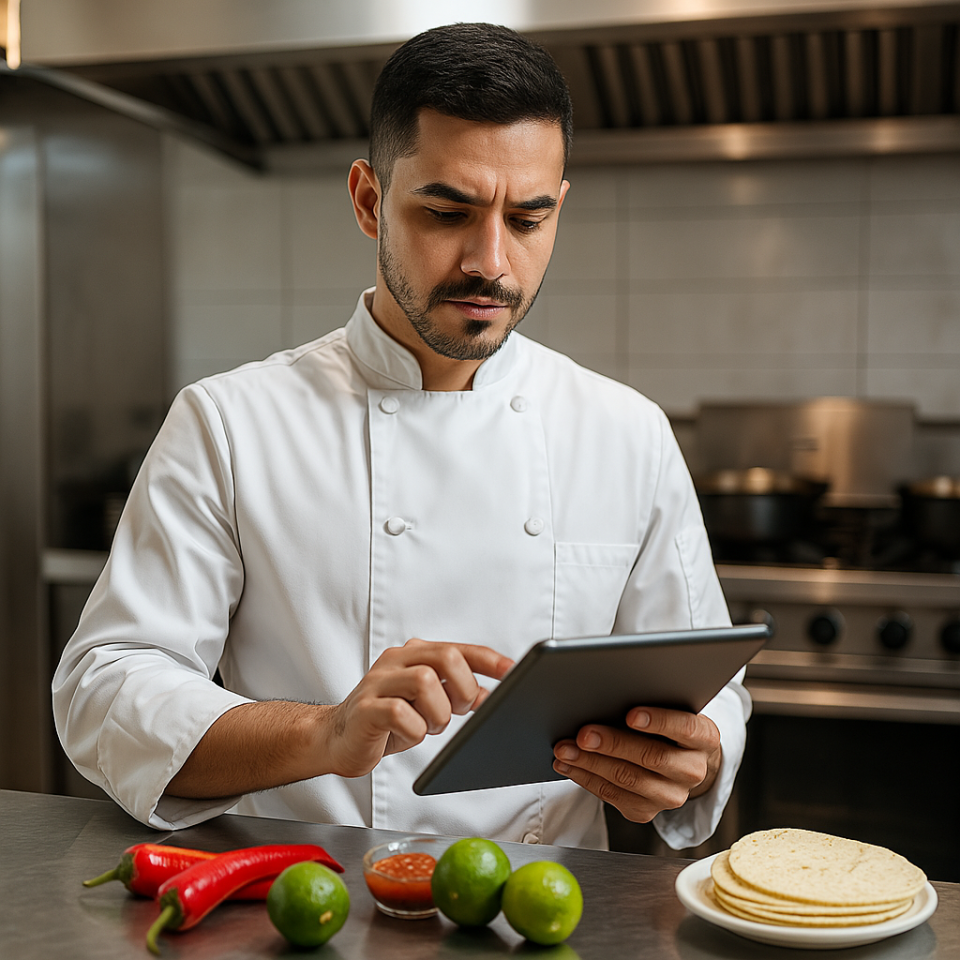 Chef joven en cocina moderna consultando una tablet, rodeado de ingredientes frescos y herramientas profesionales.