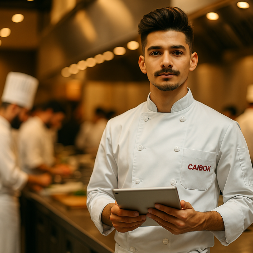 Chef joven con chaqueta blanca y tablet en mano, liderando un equipo de cocina profesional en un entorno moderno.