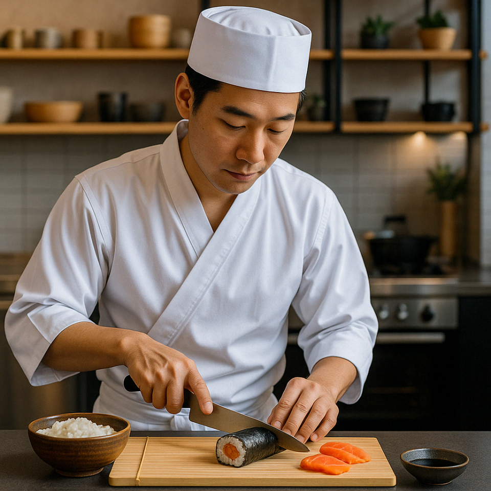 Chef japonés en uniforme blanco cortando sushi con cuchillo tradicional en cocina profesional