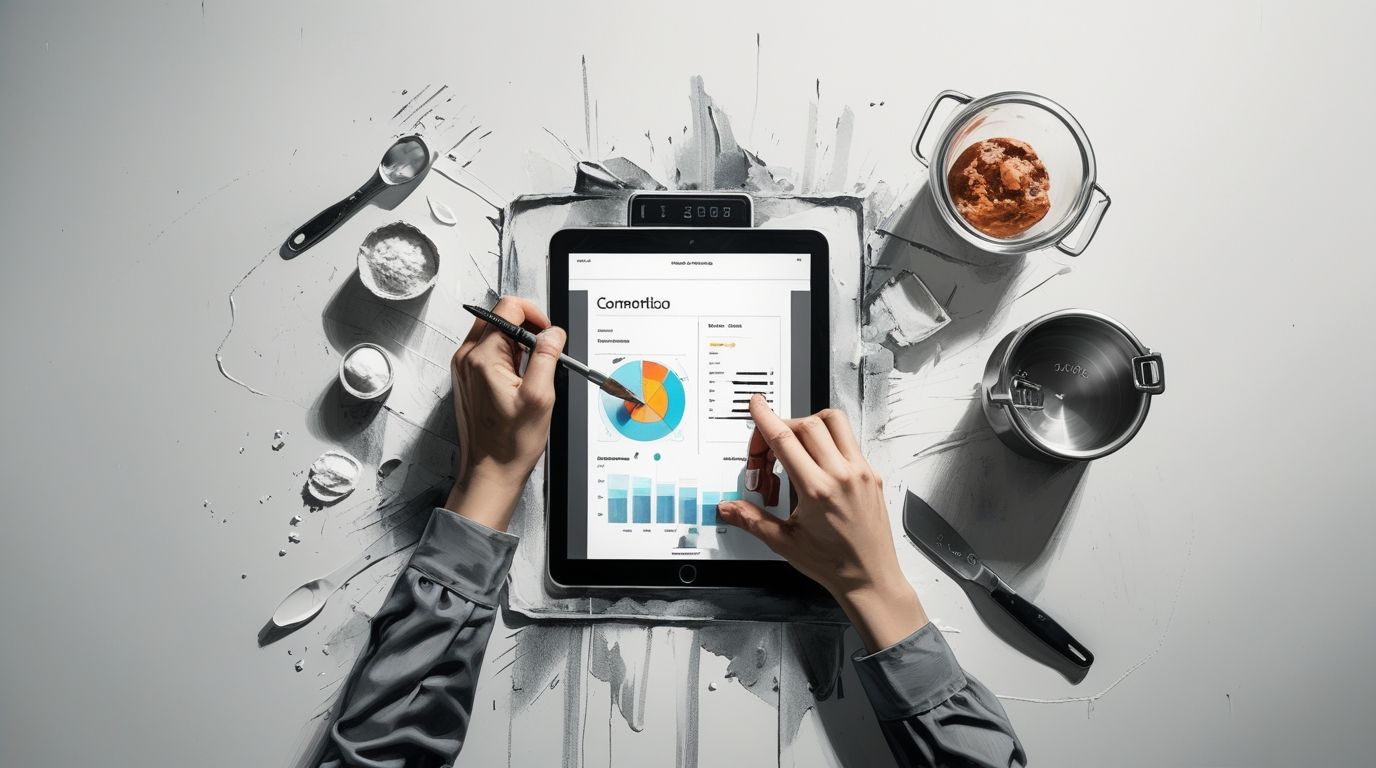 Restauración y marketing digital en restaurante con chef revisando reservas y captación de clientes