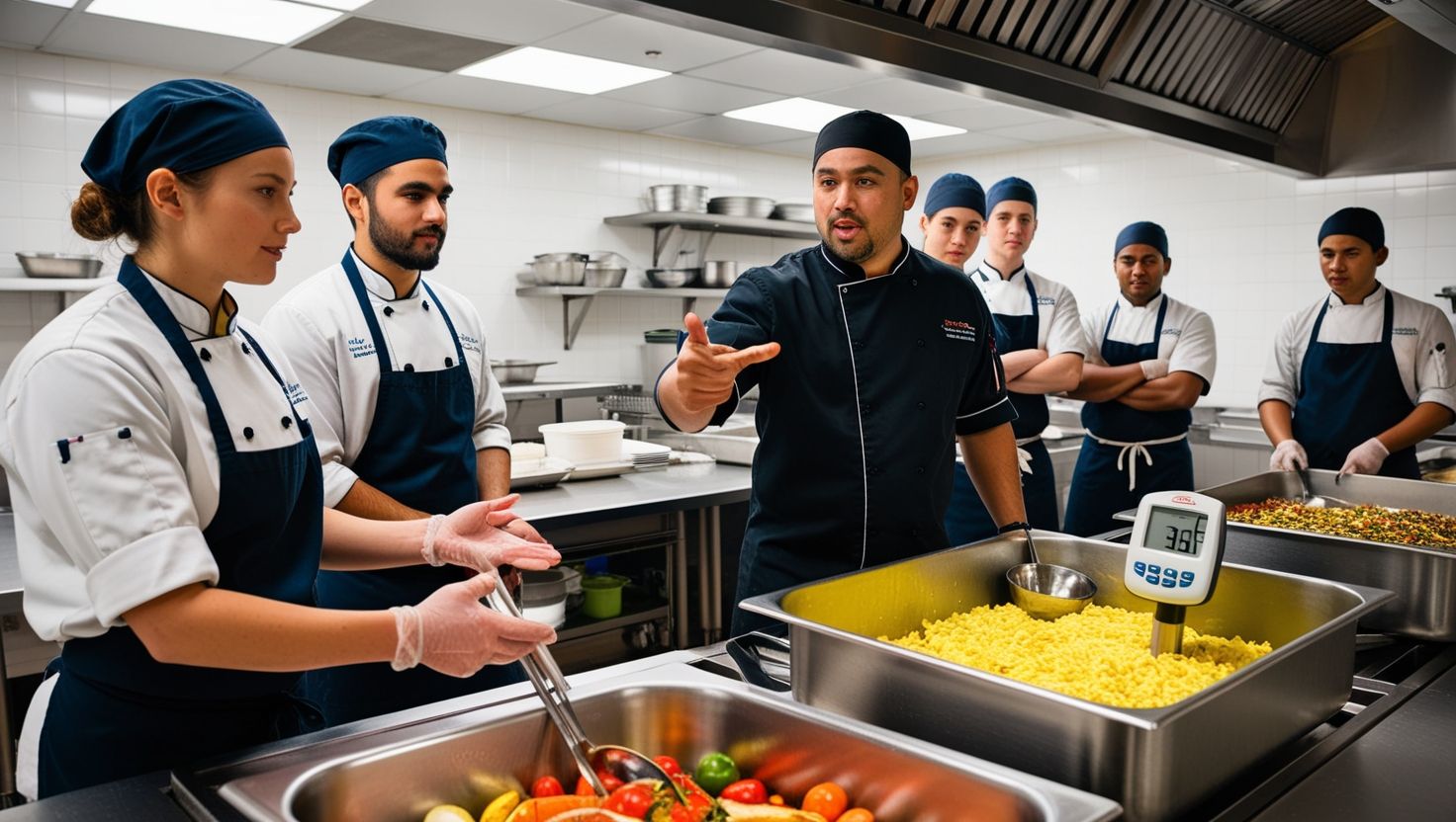 Chef supervisando una capacitación en seguridad alimentaria con nuevos empleados en una cocina moderna, señalando un termómetro en alimentos frescos.
