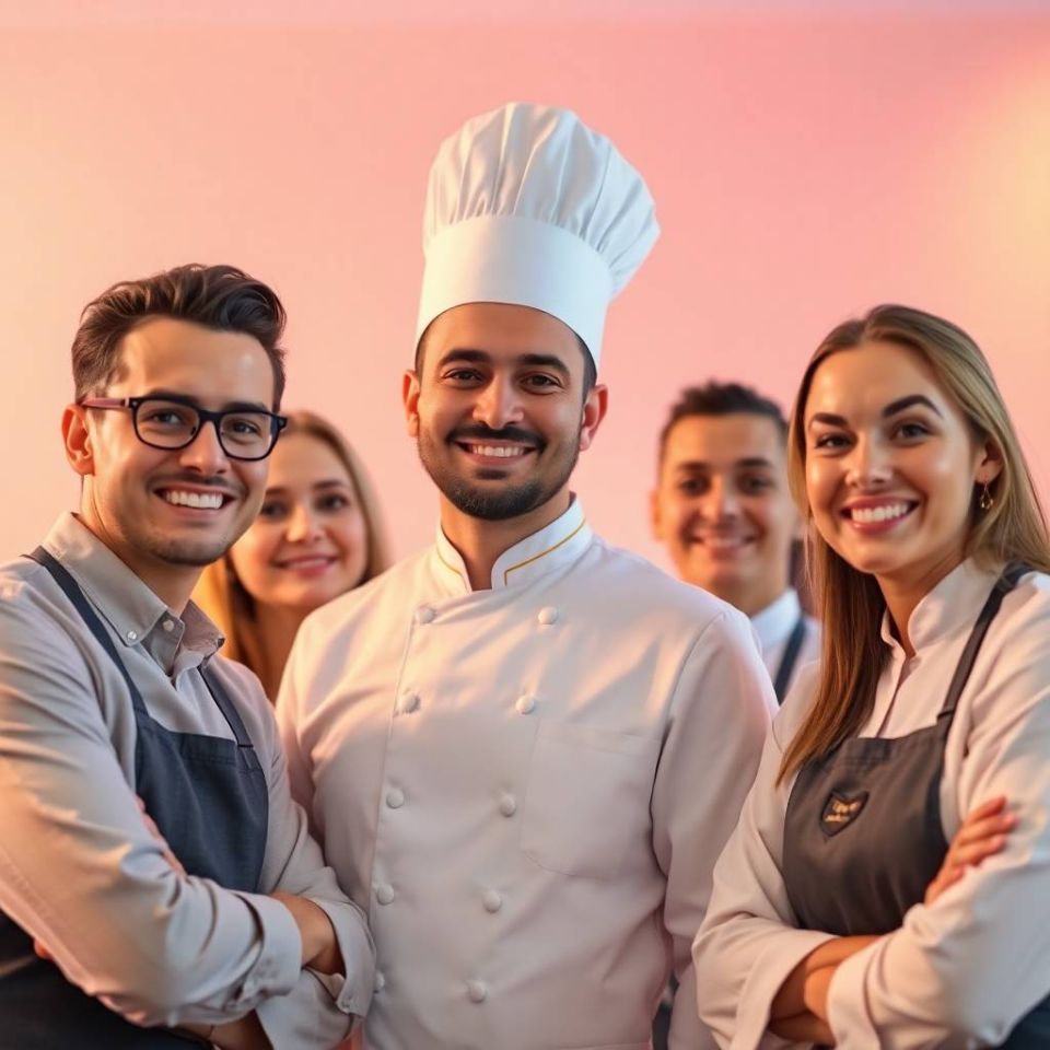 Chefs profesionales sonrientes celebrando sus logros después de mejorar sus carreras con el libro electrónico Chef Career Success.