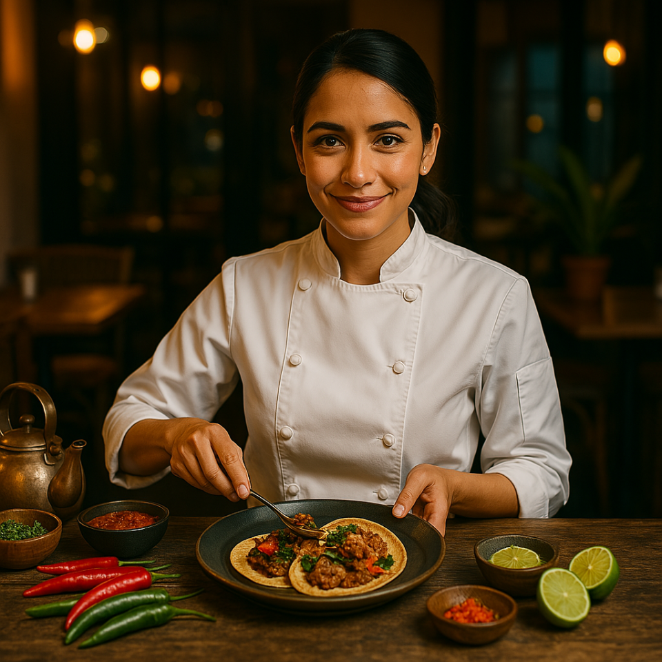 Chef mexicana profesional preparando y emplatando un platillo tradicional en una cocina moderna, con ingredientes frescos.
