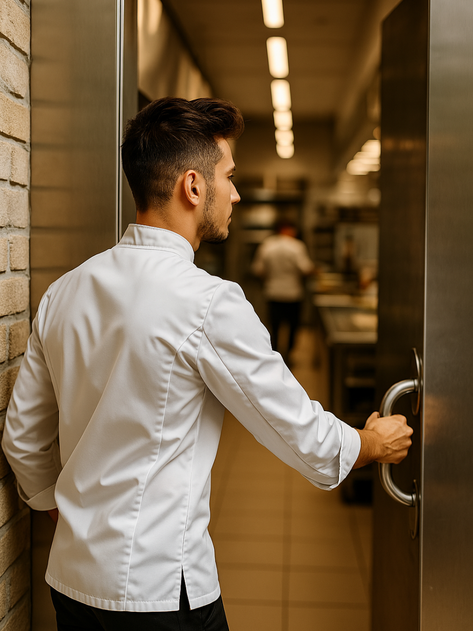 Chef joven con chaqueta blanca abriendo la puerta de una cocina profesional, representando decisión y avance en su carrera.