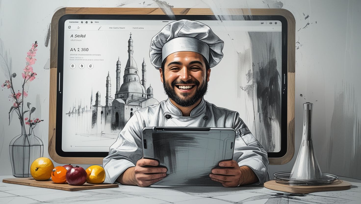 Ilustración de restaurantes modernos usando inteligencia artificial para mejorar operaciones, atención al cliente y rentabilidad