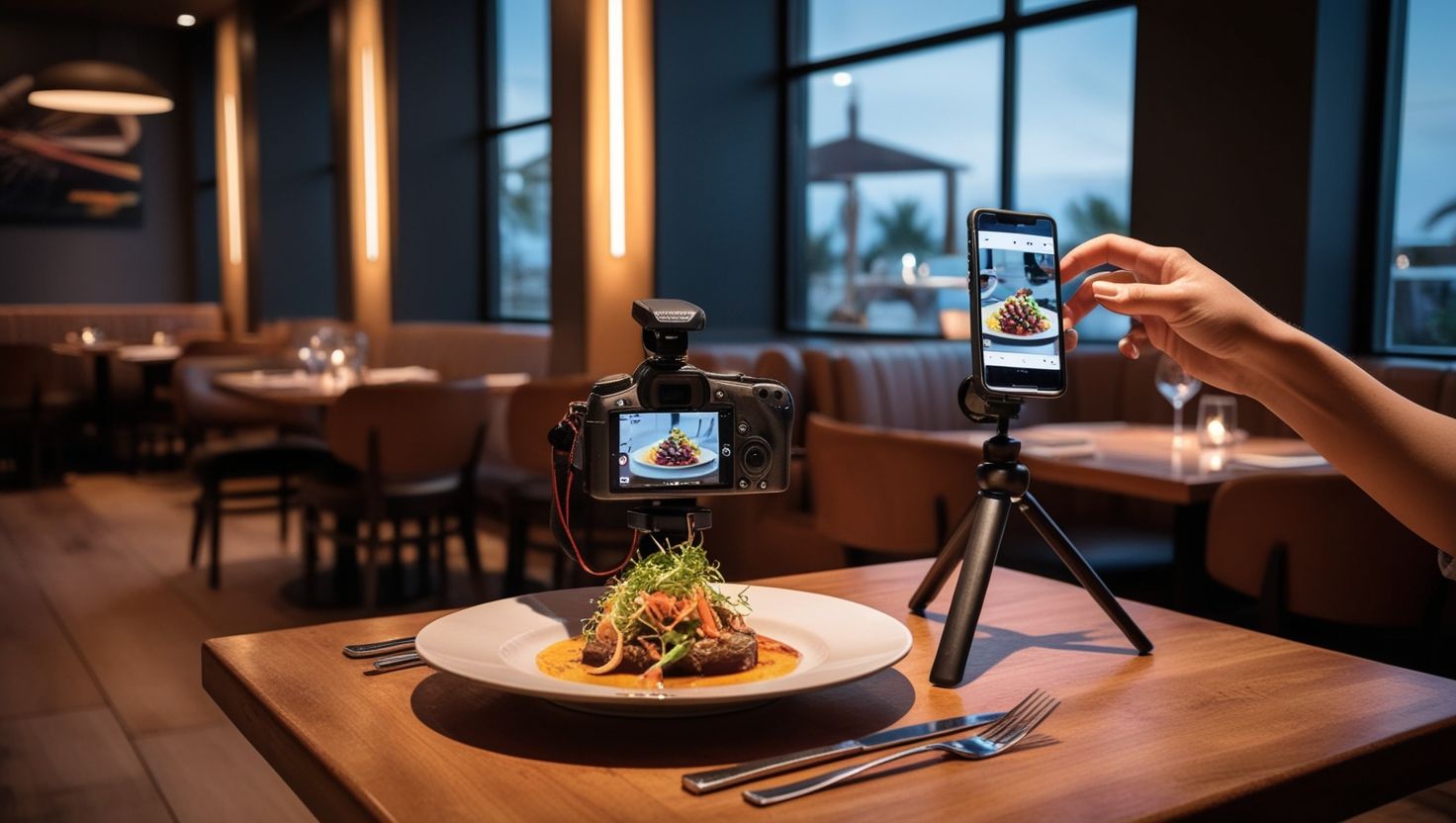 Mesa de restaurante con cámara y smartphone capturando contenido visual de marketing