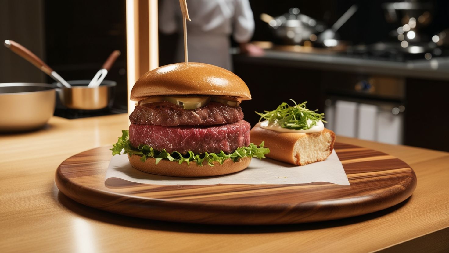 Una Hamburguesa Gourmet de Wagyu en una bandeja de madera