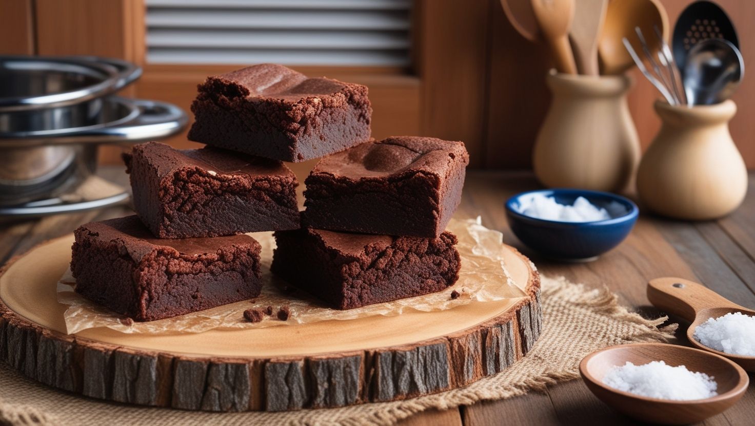 Brownies de chocolate y nueces con sal marina recién horneados sobre una mesa de madera rústica.