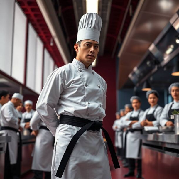 Chef con cinturón negro liderando un equipo de cocina profesional en ambiente moderno, simbolizando liderazgo y ventaja competitiva.