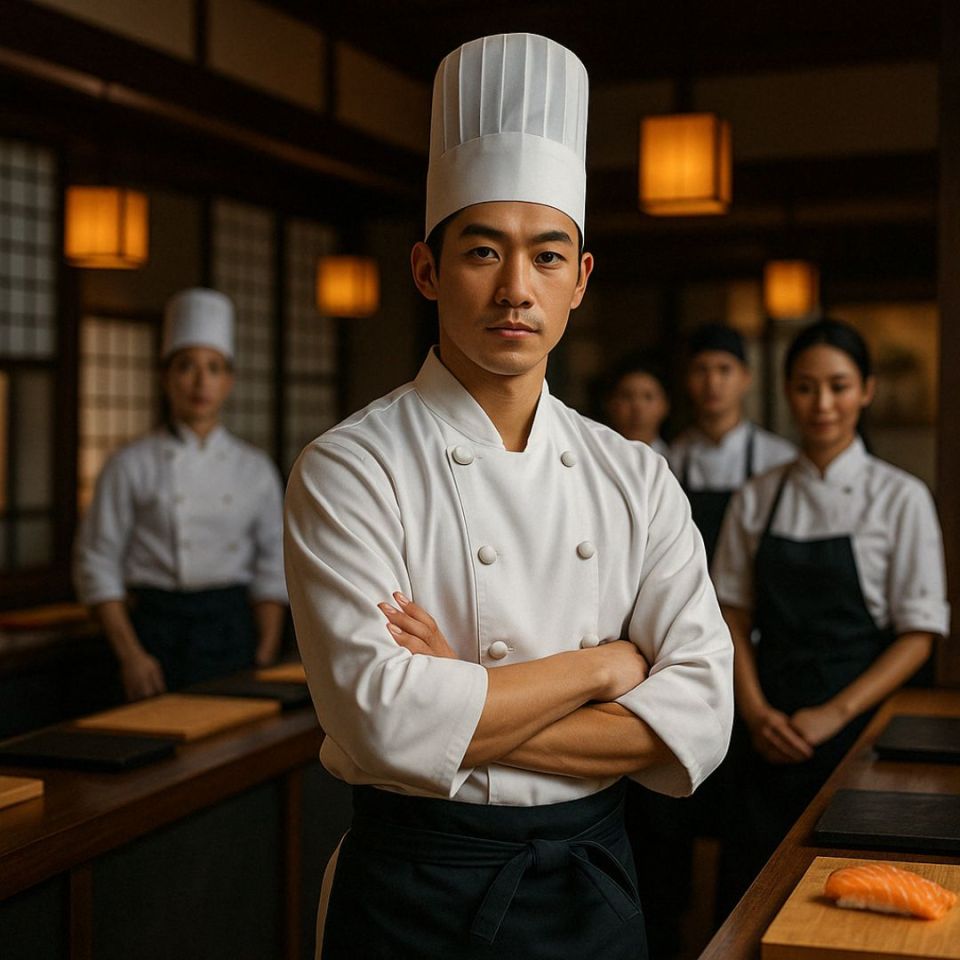 Chef japonés liderando equipo profesional en cocina tradicional
