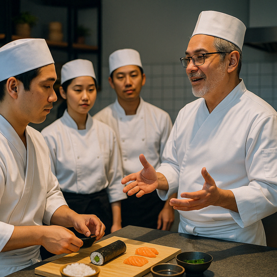 Chef japonés instruyendo a un grupo de cocineros sobre la preparación profesional de sushi en cocina limpia y moderna