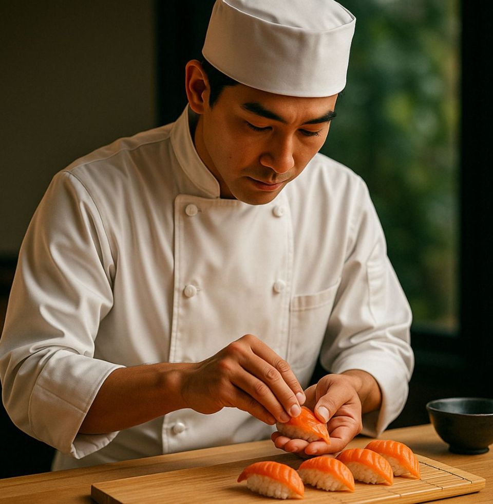 Chef profesional japonés preparando nigiri sushi con técnica precisa sobre una tabla de madera
