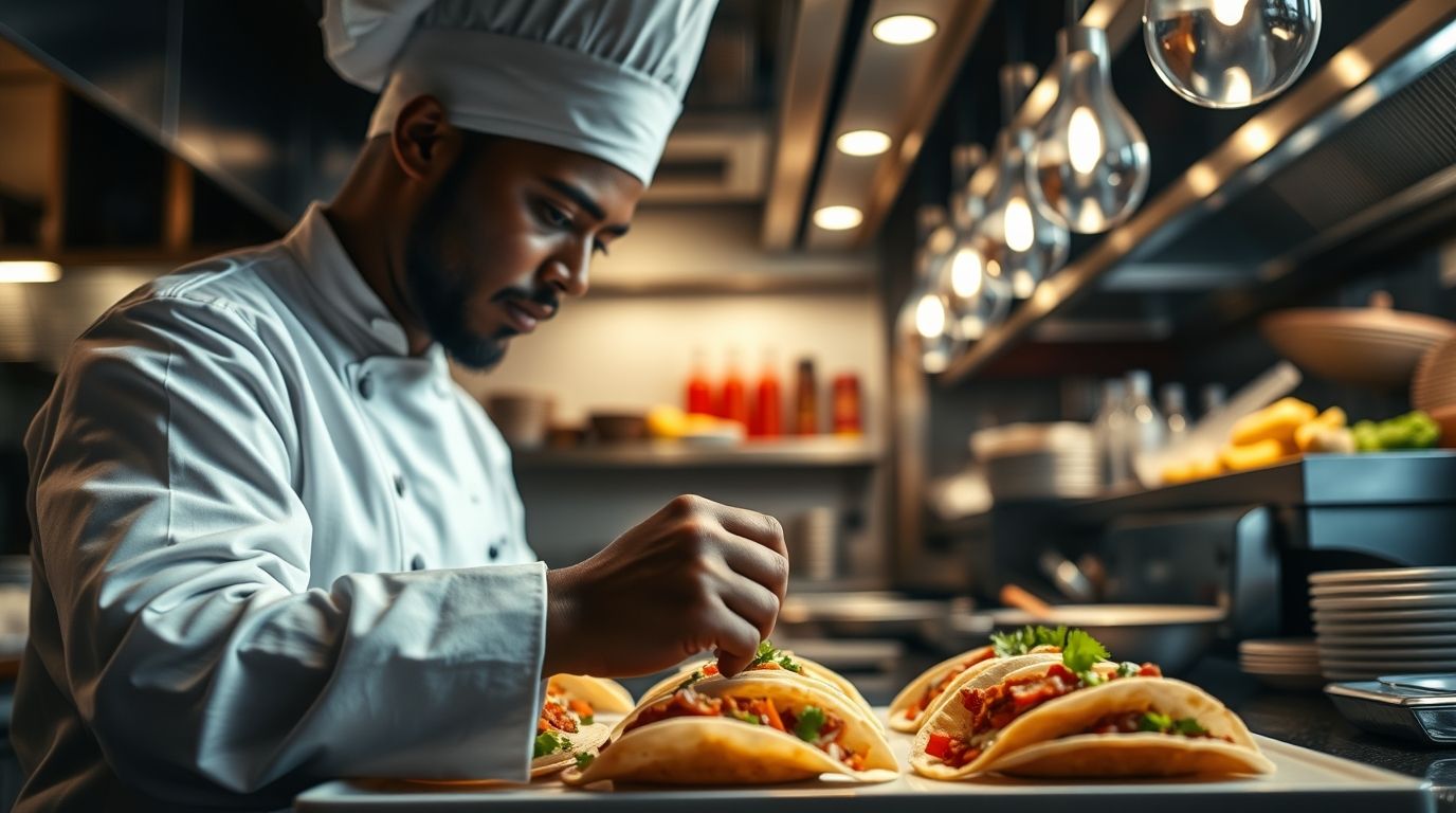 Chef profesional preparando tacos en un restaurante de alta cocina mexicana.