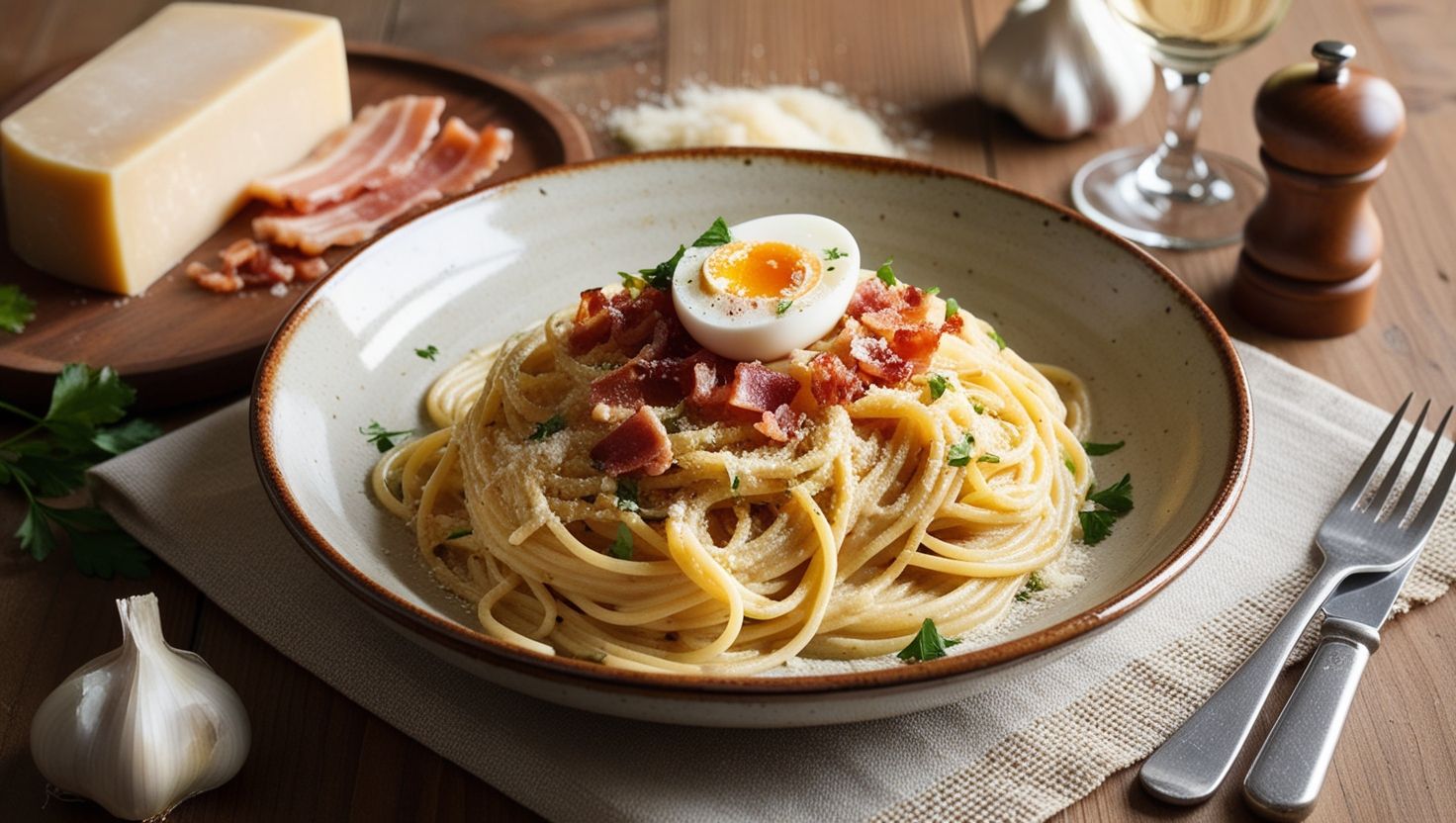 Plato de pasta carbonara servida en una mesa rústica, con spaghetti cremoso, guanciale crujiente, queso Pecorino y pimienta recién molida, acompañado de una copa de vino blanco.