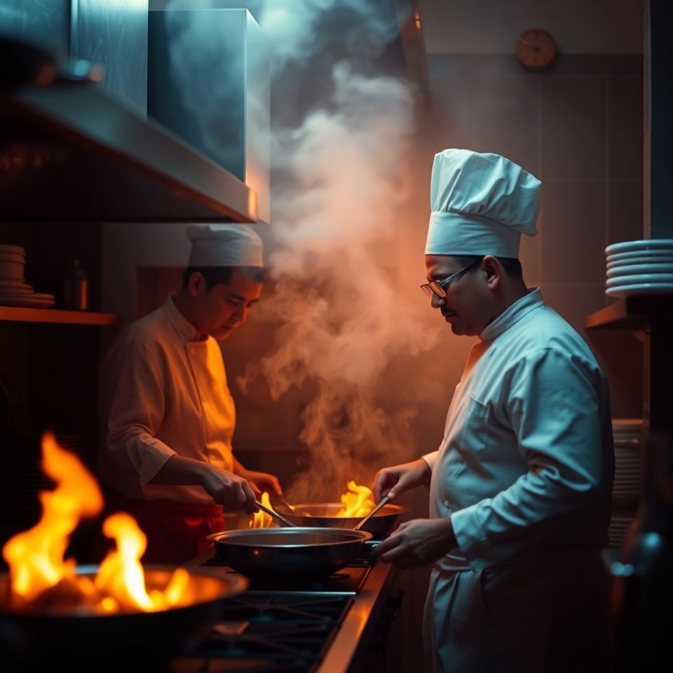 Dos chefs cocinando con intensidad en una cocina profesional, rodeados de fuego y vapor, representando el esfuerzo diario en la gastronomía.