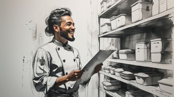 Chef en cocina profesional revisando inventario y stock de ingredientes para sistema de cocina