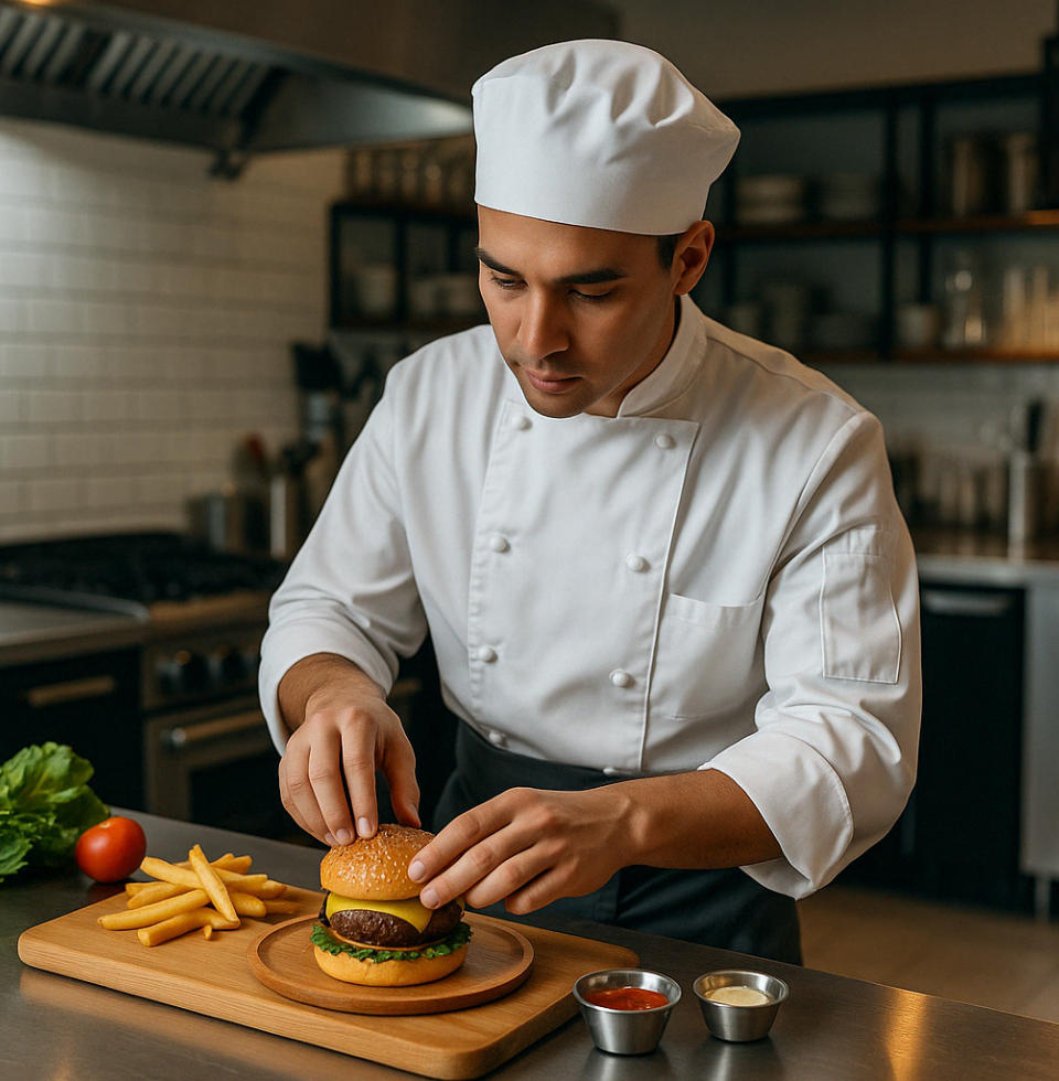 Chef colocando el pan sobre una hamburguesa en cocina profesional con papas fritas y condimentos