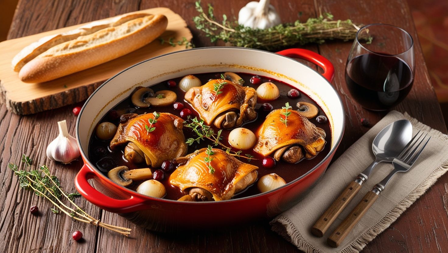 Plato de Coq au Vin recién preparado en una fuente de cerámica rústica, con pollo tierno, salsa de vino tinto, cebollitas y champiñones, servido con pan y vino.
