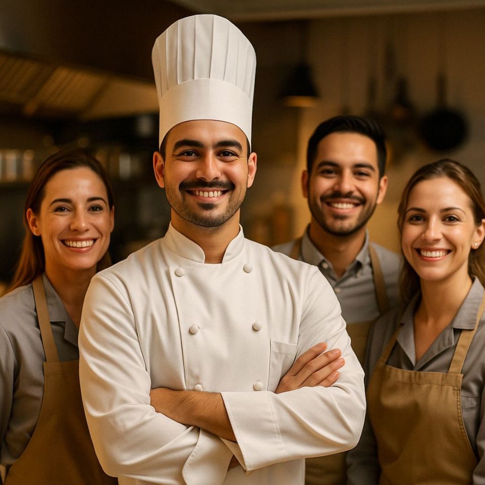 Grupo de chefs sonriendo en cocina profesional tras capacitarse en técnicas japonesas.