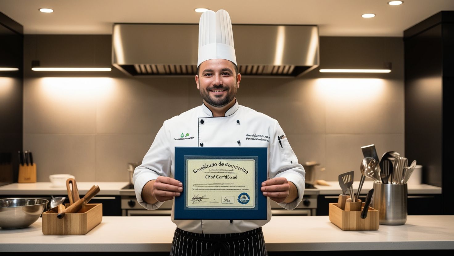 Chef profesional sosteniendo un certificado CAIBOK en una cocina moderna.