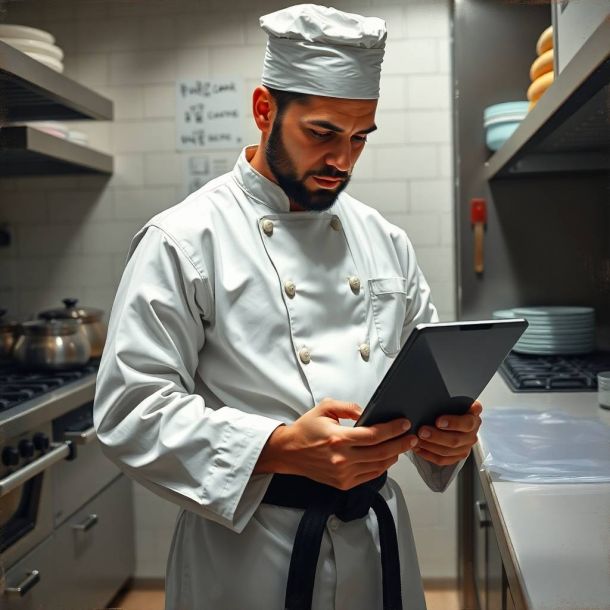 Chef profesional revisando libros o pantalla digital en cocina moderna, simbolizando actualización constante en estándares culinarios y gestión.