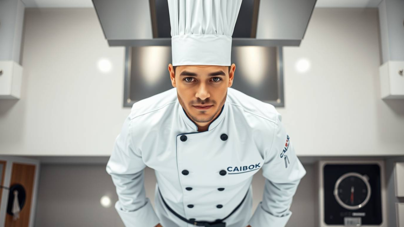 Chef profesional con uniforme blanco y cinturón negro en cocina moderna, representando los beneficios de la certificación CAIBOK.