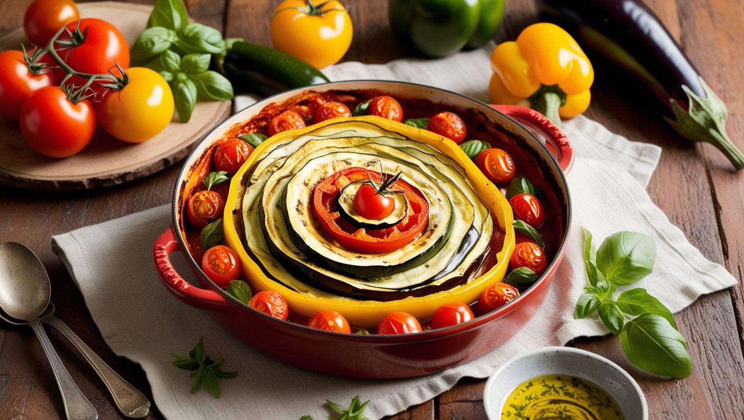Plato de ratatouille recién horneado en una fuente rústica de cerámica, con capas de berenjena, calabacín, tomate y pimiento en espiral, colocado sobre una mesa de madera.